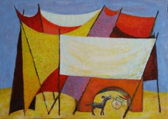 Retro French Neo-Impressionist Modernist Dog in a Tent Mid 20th Century Painting