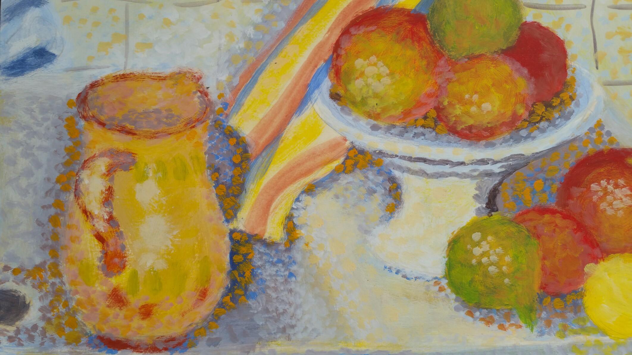 Pointilistisches, französisches, neoimpressionistisches Stillleben, Mitte des 20. Jahrhunderts (Braun), Still-Life Painting, von Louis Bellon