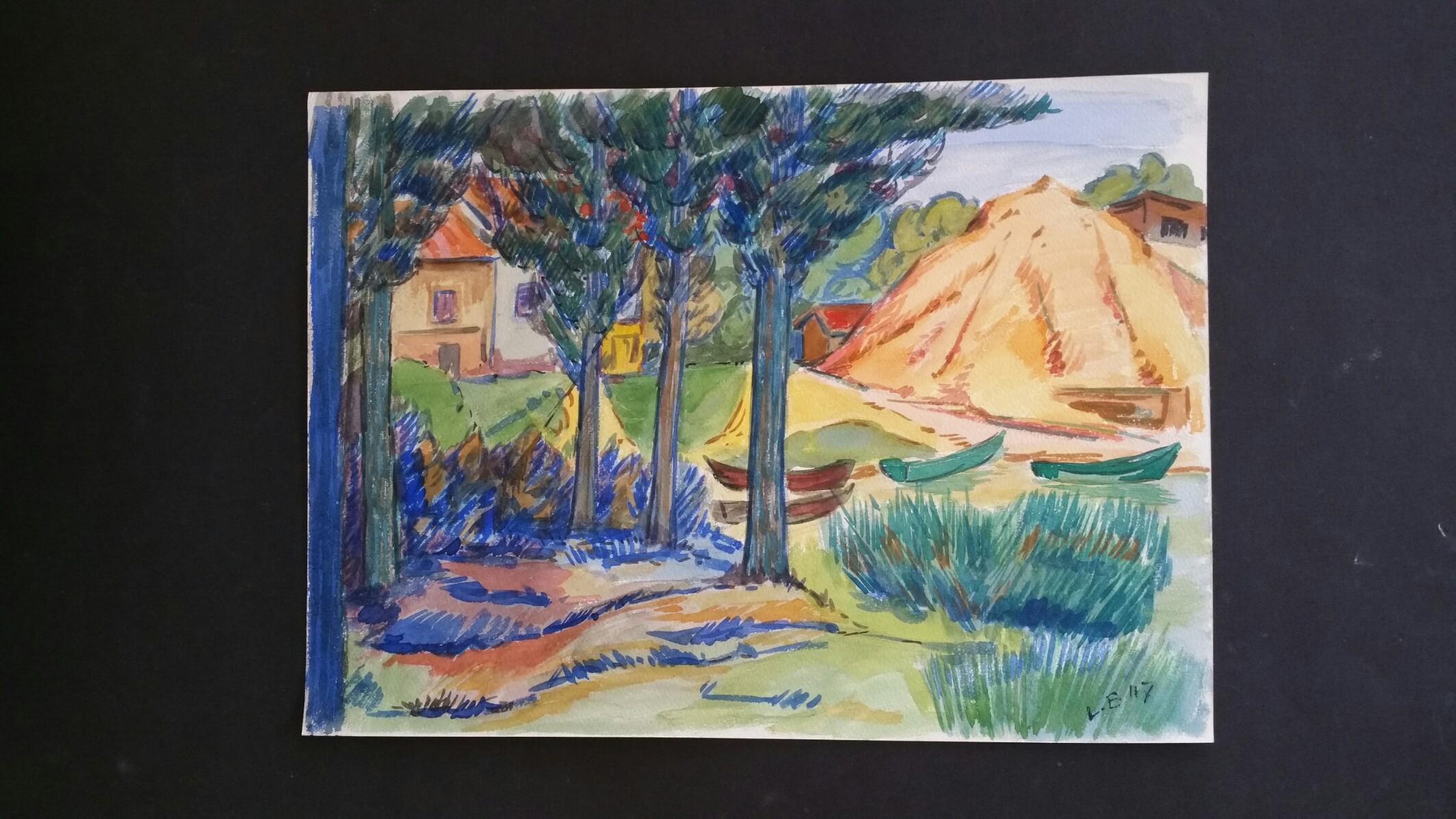 Provenza Paisaje de barcas de remos Pintura postimpresionista firmada 1947 - Painting Posimpresionista de Louis Bellon