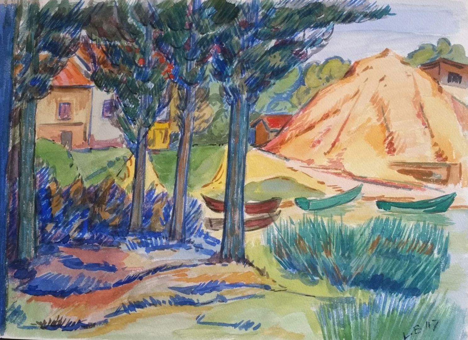 Provence Rowboats Landscape Post-Impressionist Signed 1947 Painting