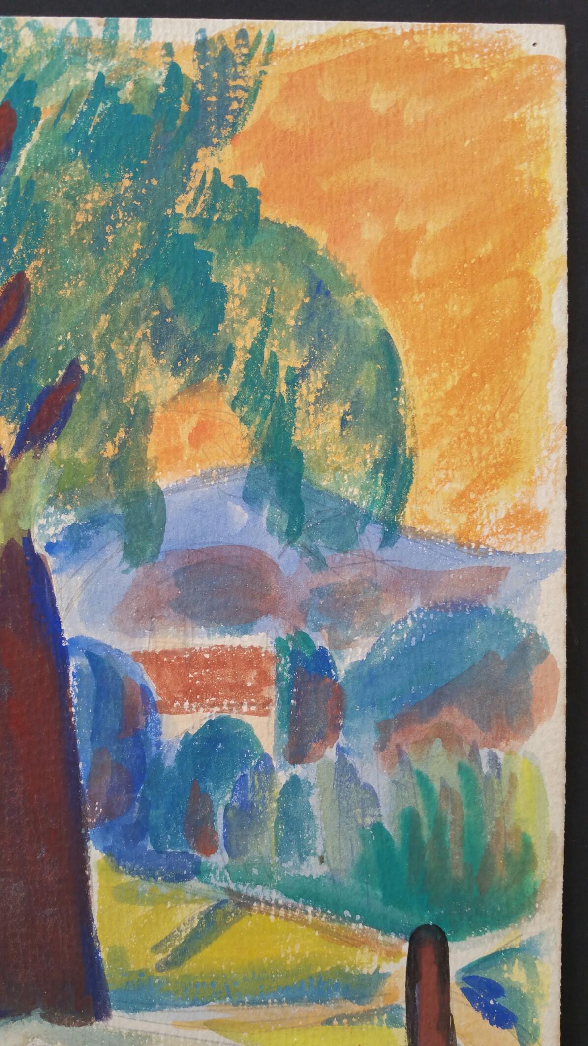 Peinture d'un paysage d'été post-impressionniste de Provence signée 1947  - Marron Landscape Painting par Louis Bellon