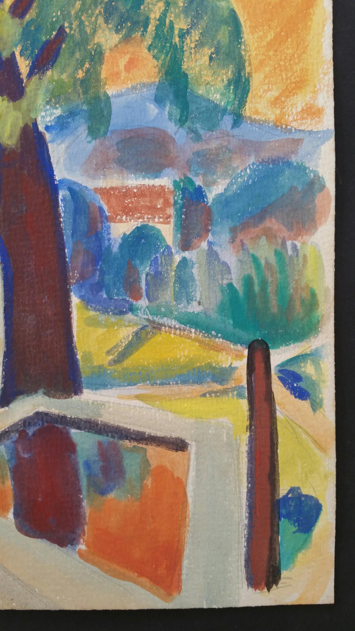 Paysage d'été en Provence, arbre du village contre le soleil d'été
par Louis Bellon (français 1908-1998)
Paraphé en bas à droite, daté 47 (1947)
peinture à l'aquarelle sur papier, non encadrée
mesures : 12 x 9.5 pouces

provenance : collection