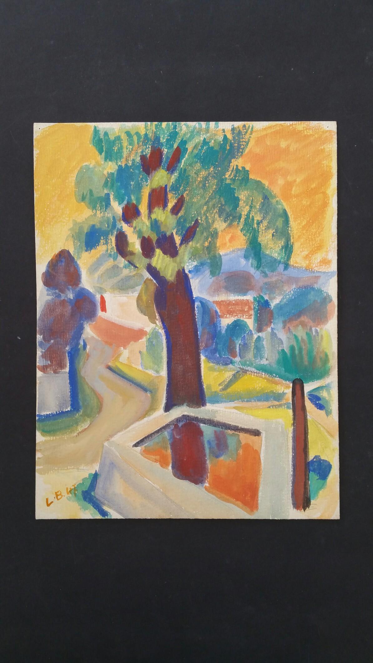 Postimpressionistisches Gemälde, signiert 1947, Provence, Sommerlandschaft  im Angebot 3