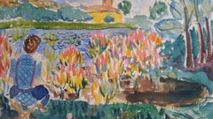 Provence Lakeside Figure Landscape Post-Impressionist Signed 1943 Painting