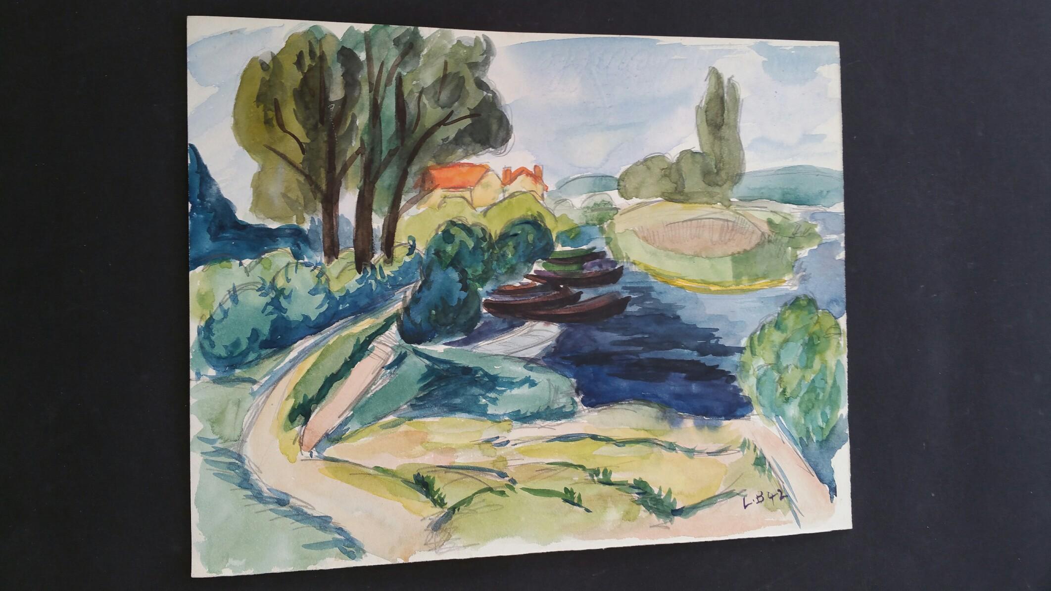 Provence Riverside Landscape Post-Impressionist Signed 1942 Painting 1