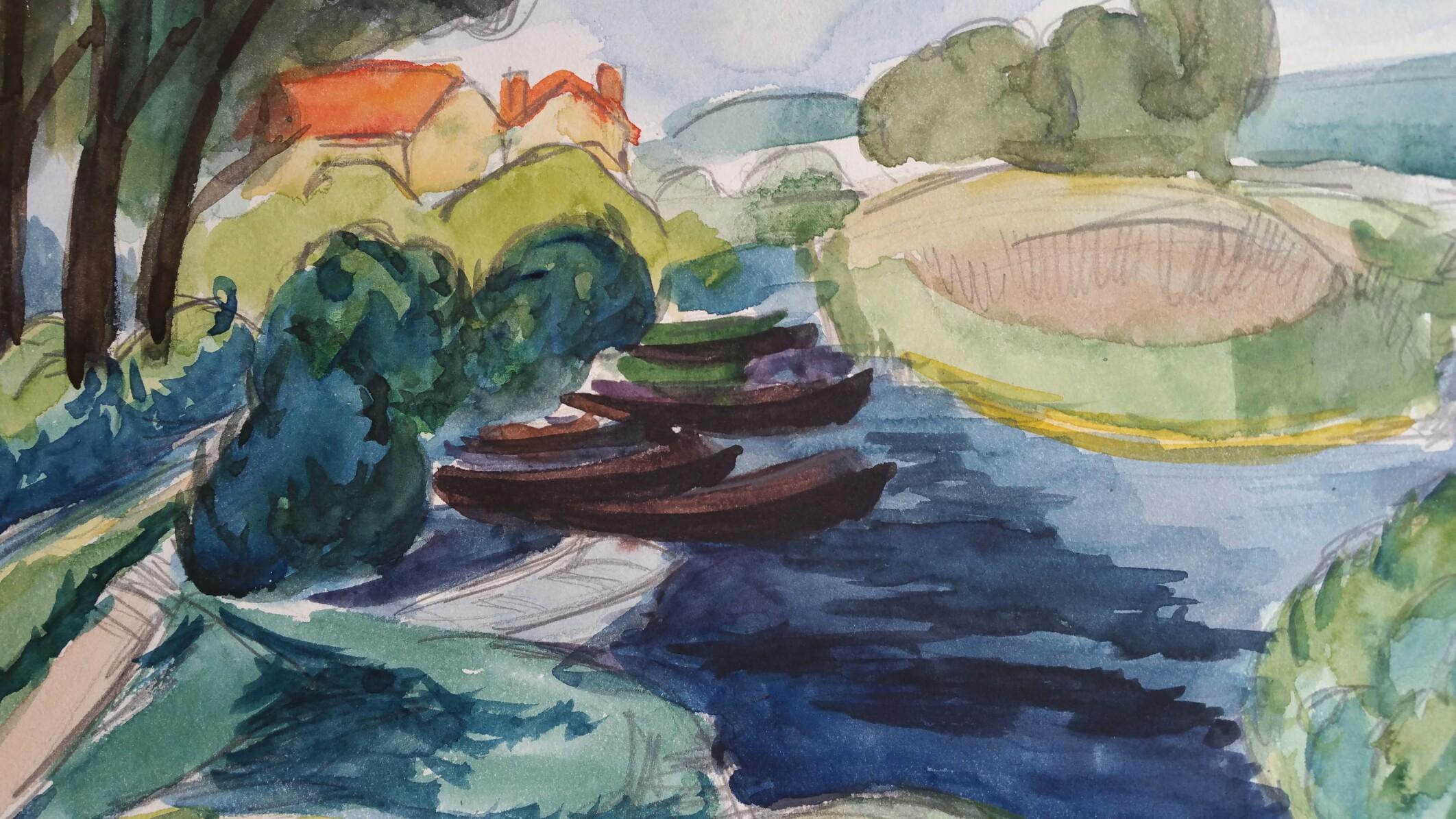 Provence Landscape, Riverside boats
by Louis Bellon (French 1908-1998)
Initialled lower right, dated 42 (1942)
watercolour painting on paper, unframed
measurements: 9.75 x 12.5 inches

provenance: private collection of the artists work, Provence,