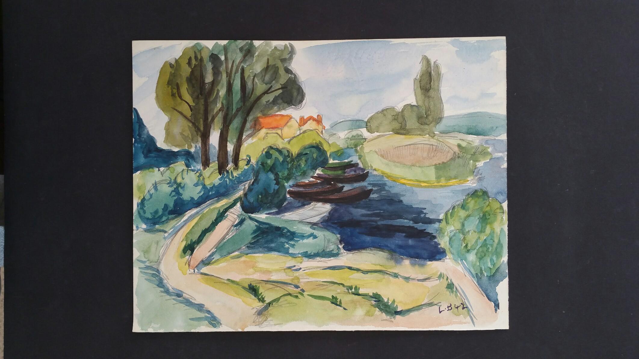 Provence Riverside Landscape Post-Impressionist Signed 1942 Painting - Gray Landscape Painting by Louis Bellon