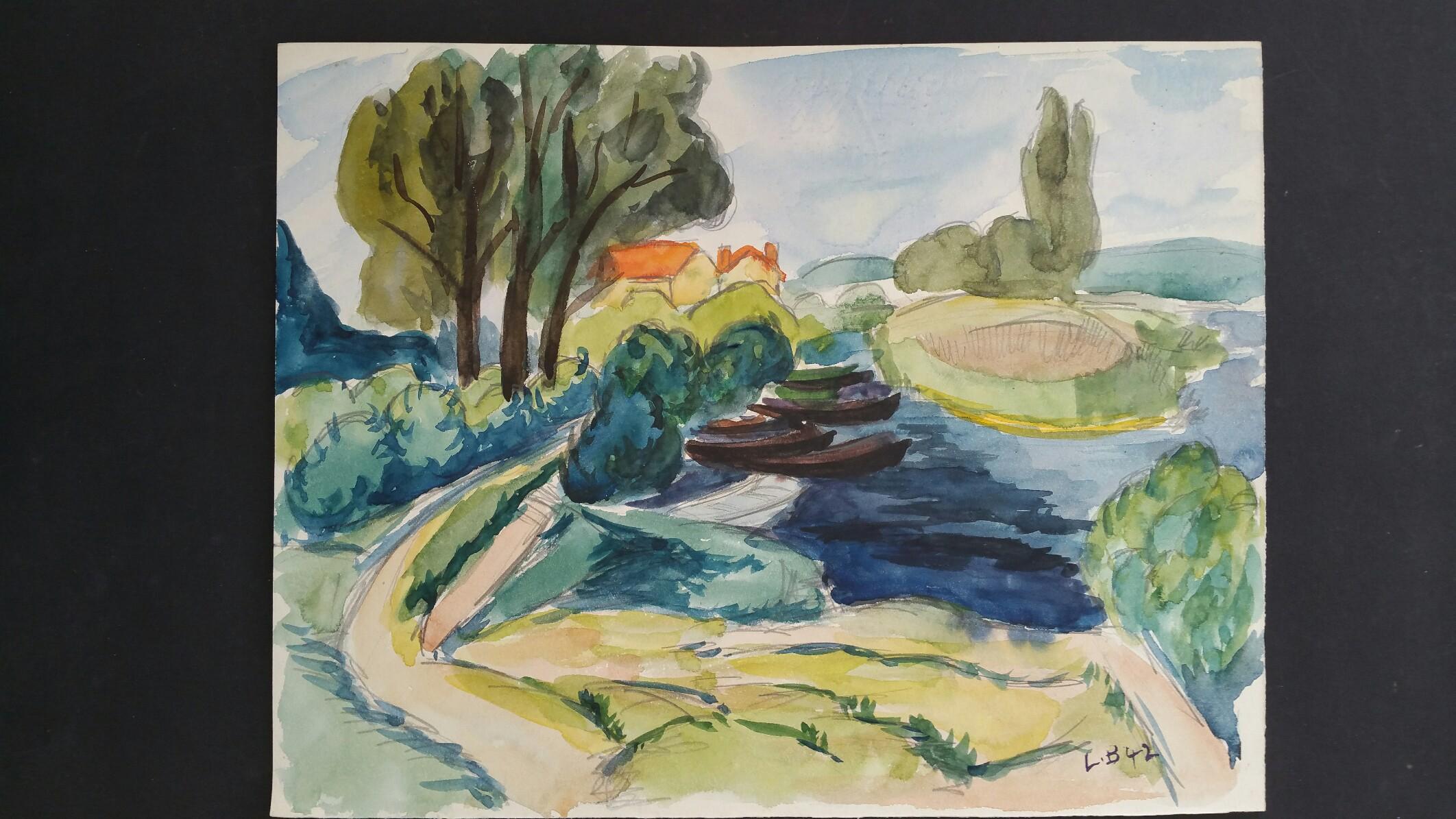 Provence Riverside Landscape Post-Impressionist Signed 1942 Painting 2