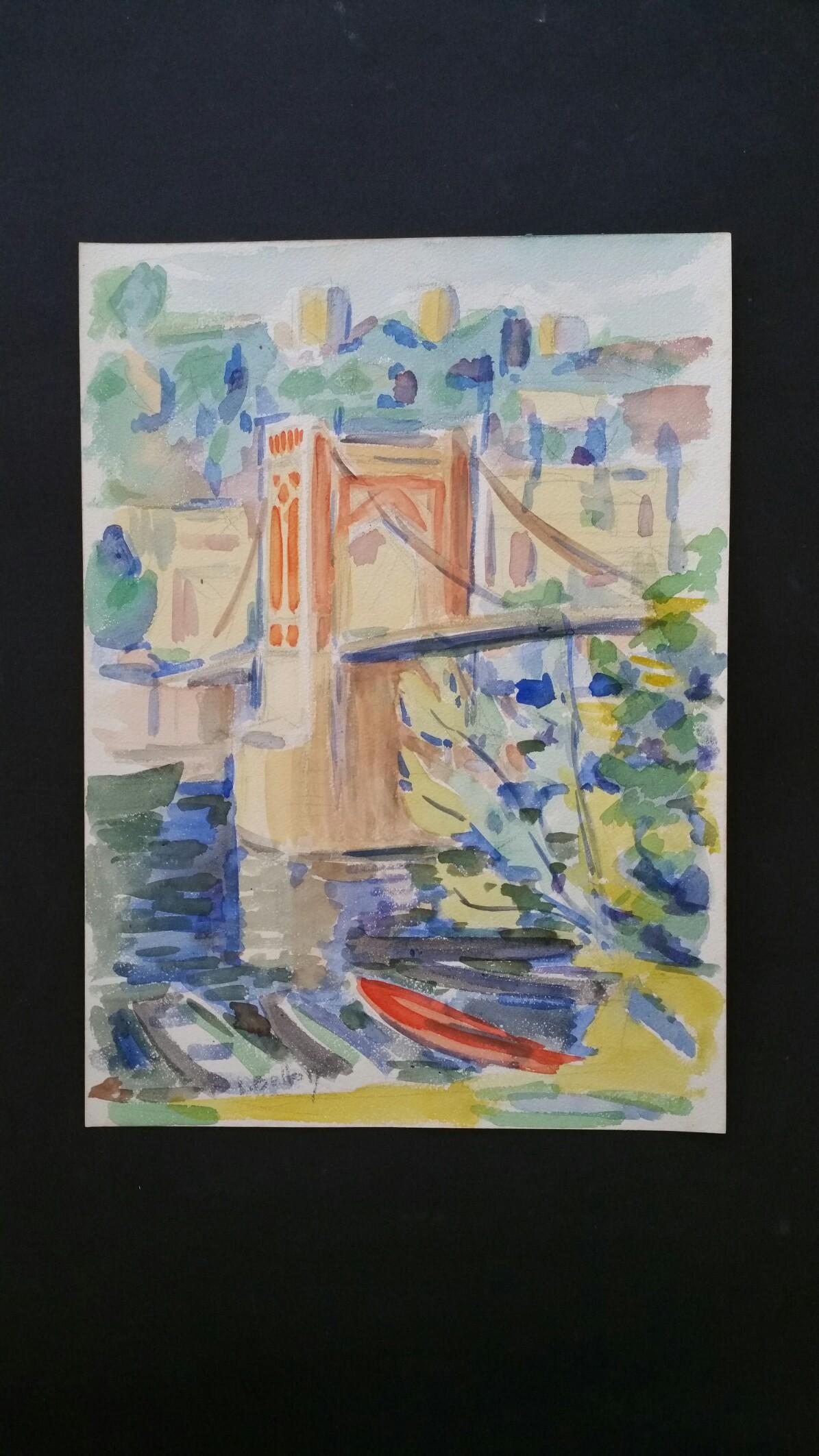 Ponte di Provenza Paesaggio Post-Impressionista Firmato Pittura del 1940 - Art di Louis Bellon