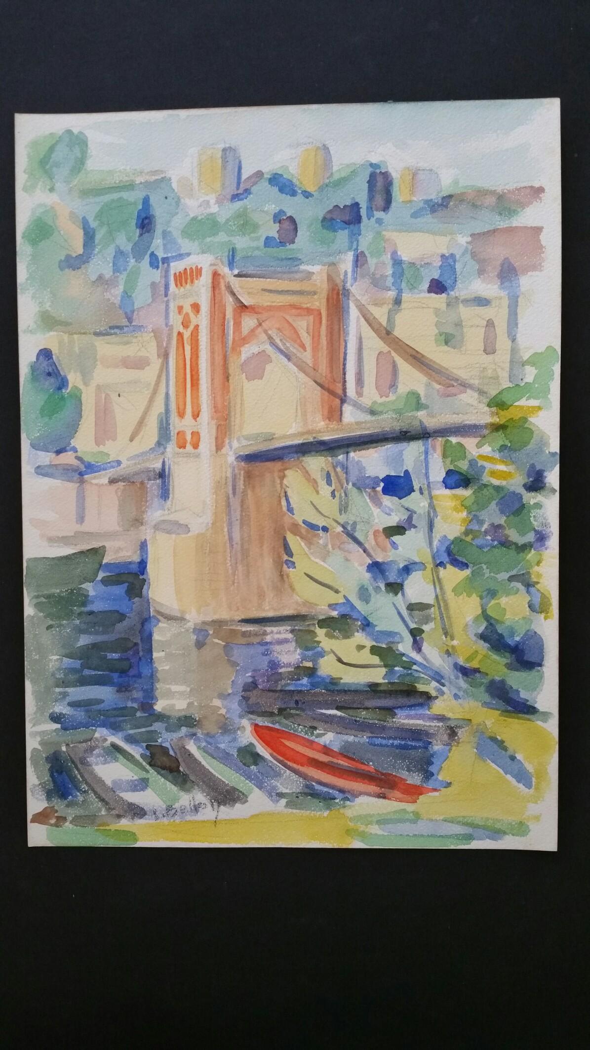 Ponte di Provenza Paesaggio Post-Impressionista Firmato Pittura del 1940 - Landscape Art Grigio di Louis Bellon