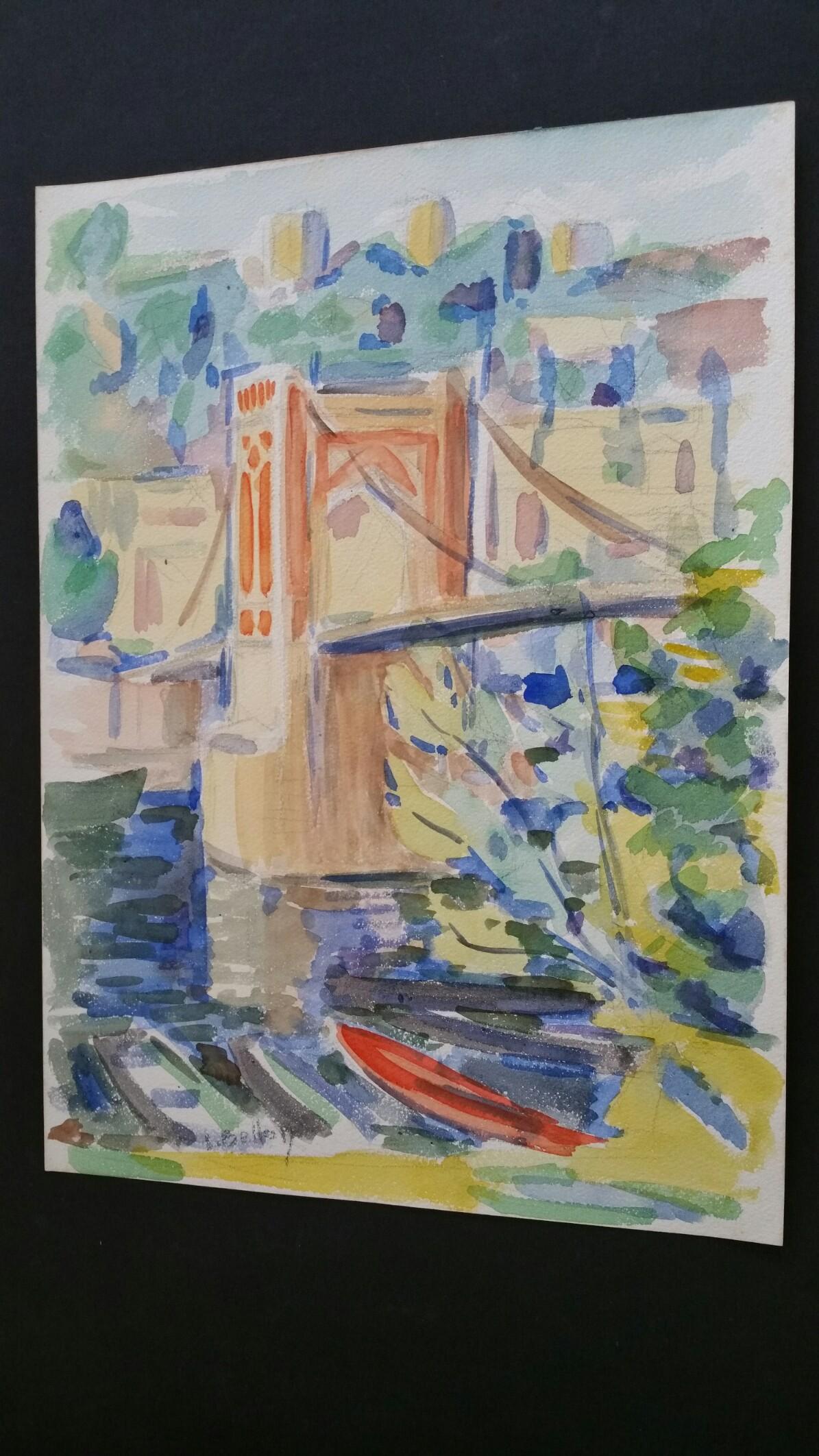 Provence Bridge Landscape Post-Impressionist Signed 1940's Painting For Sale 1