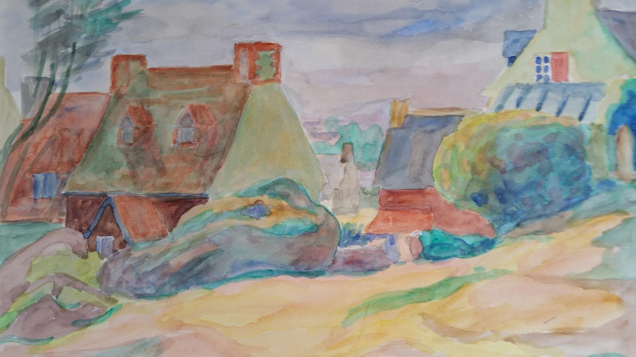 Peinture post-impressionniste - Paysage de village de Provence des années 1940