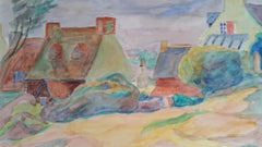 Peinture post-impressionniste - Paysage de village de Provence des années 1940