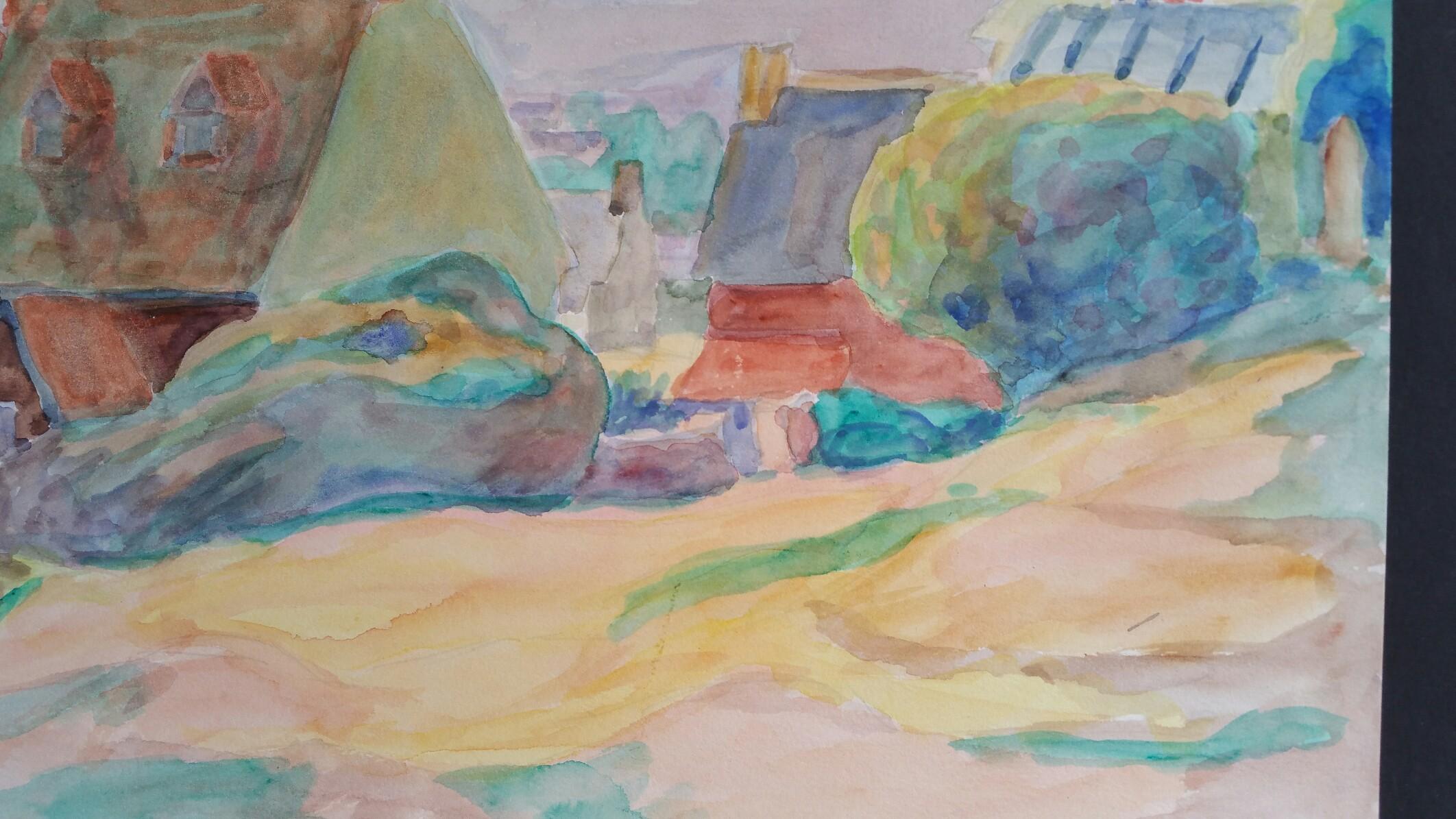 Provence Dorflandschaft, Sommerszene mit Dorfhäusern
von Louis Bellon (Französisch 1908-1998)
Unsigniert, verso beschriftet, aus einem Stapel ähnlicher Arbeiten, von denen die meisten 1942-1947 datiert sind
aquarell auf Papier,