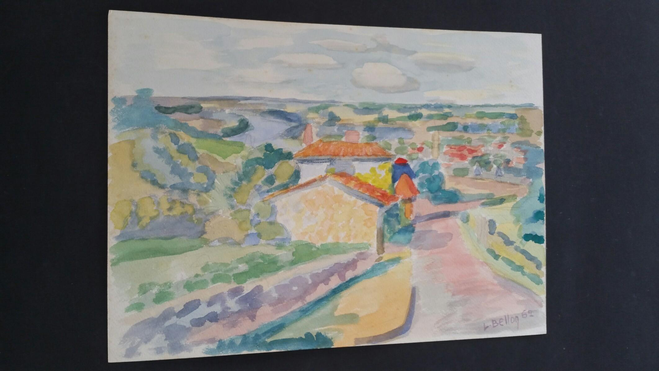 Provence Landscape, Panoramic View of a Riverside Village
by Louis Bellon (French 1908-1998)
Signed lower right, dated 62 (1962)
watercolour painting on paper, unframed
measurements: 9.25 x 12.75 inches

provenance: private collection of the artists