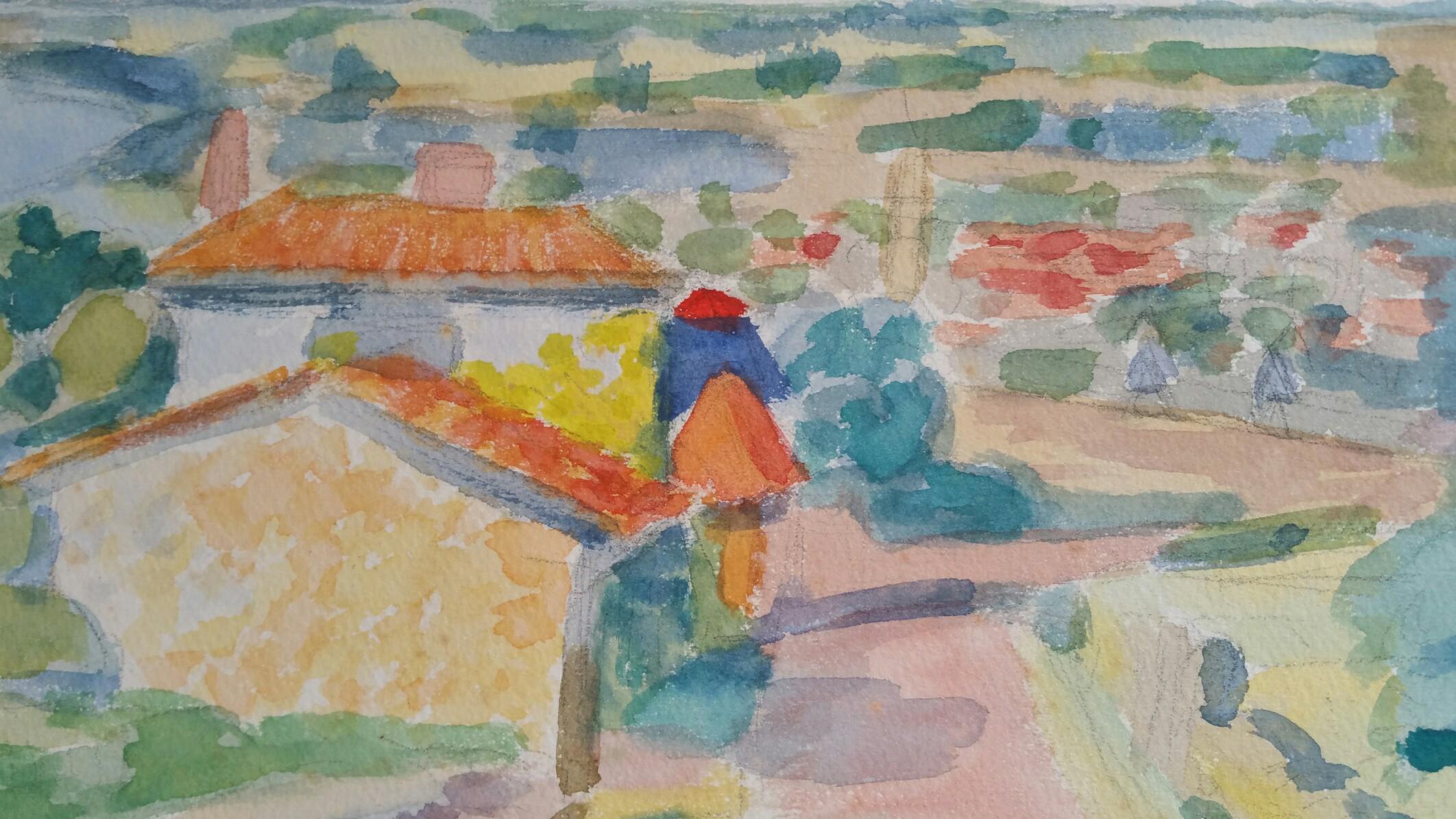 Paysage post-impressionniste de village de bord de rivière, signé en 1962