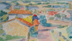 Provence Riverside Village Landscape Post-Impressionist Signed 1962 Painting