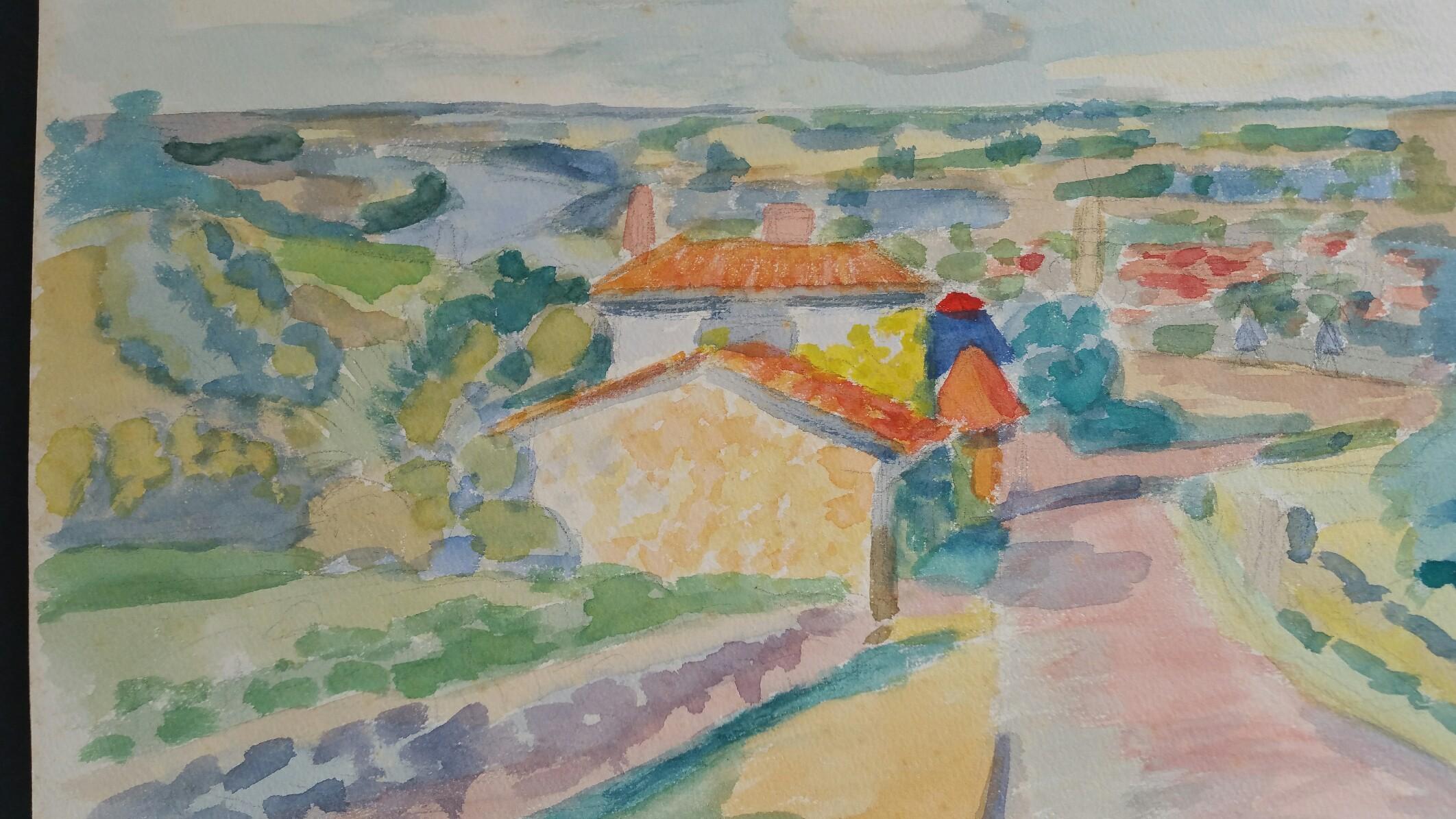Provence Riverside Village Landscape Post-Impressionist Signed 1962 Painting - Art by Louis Bellon