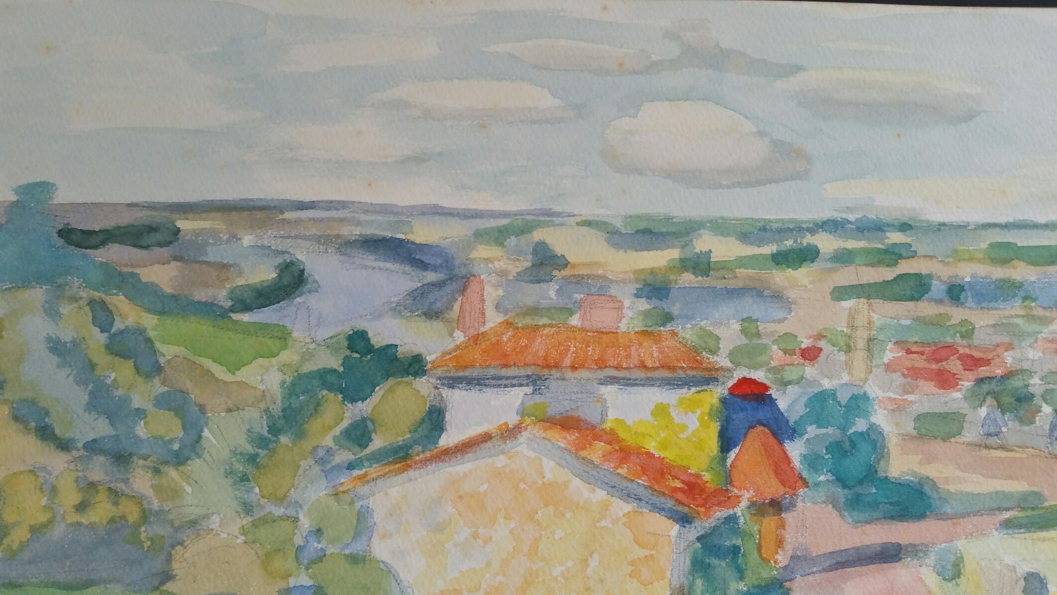 Provence Riverside Village Landscape Post-Impressionist Signed 1962 Painting - Gray Landscape Art by Louis Bellon