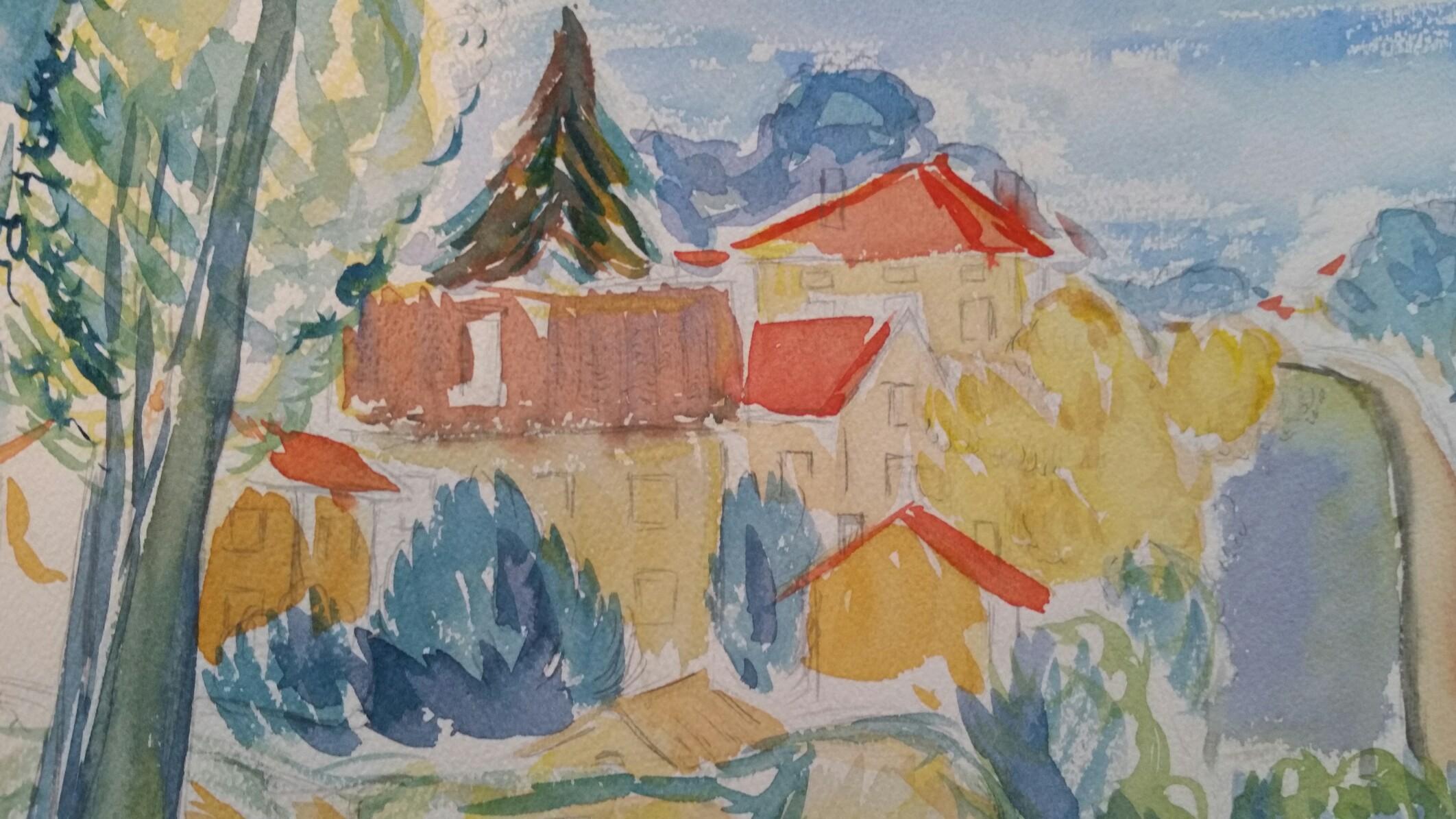 Provence Landscape, Hill Village Panorama
by Louis Bellon (French 1908-1998)
Initialled lower right, dated 43 (1943)
watercolour painting on paper, unframed
measurements: 9.75 x 14.5 inches

provenance: private collection of the artists work,
