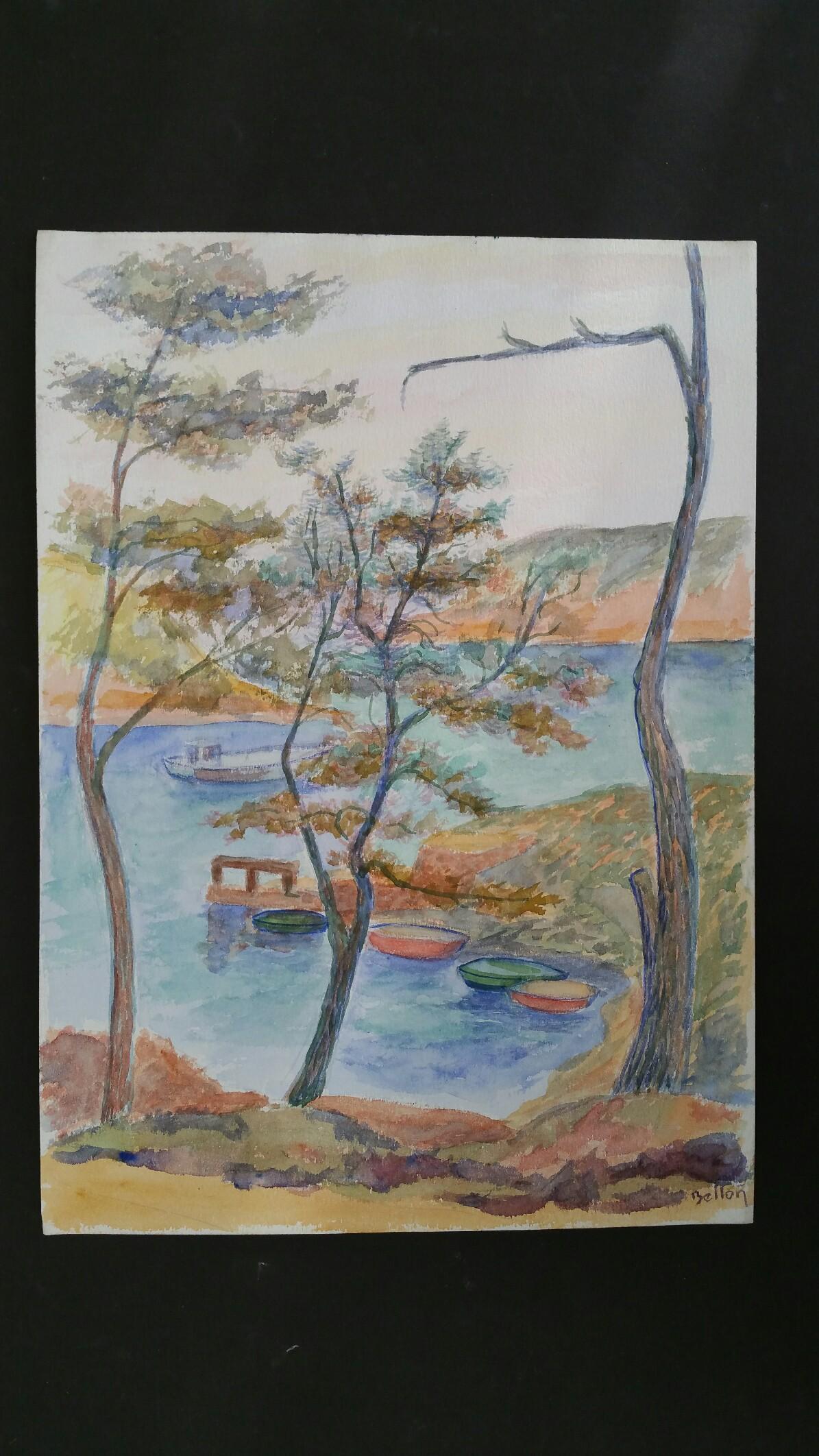 Paesaggio di barche in Provenza Pittura post-impressionista firmata del 1940 - Art Postimpressionismo di Louis Bellon