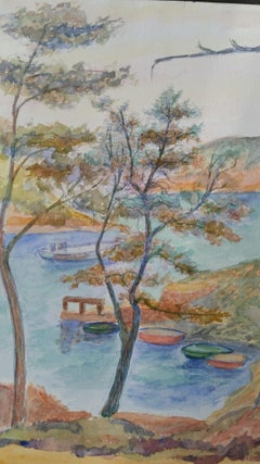 Paesaggio di barche in Provenza Pittura post-impressionista firmata del 1940
