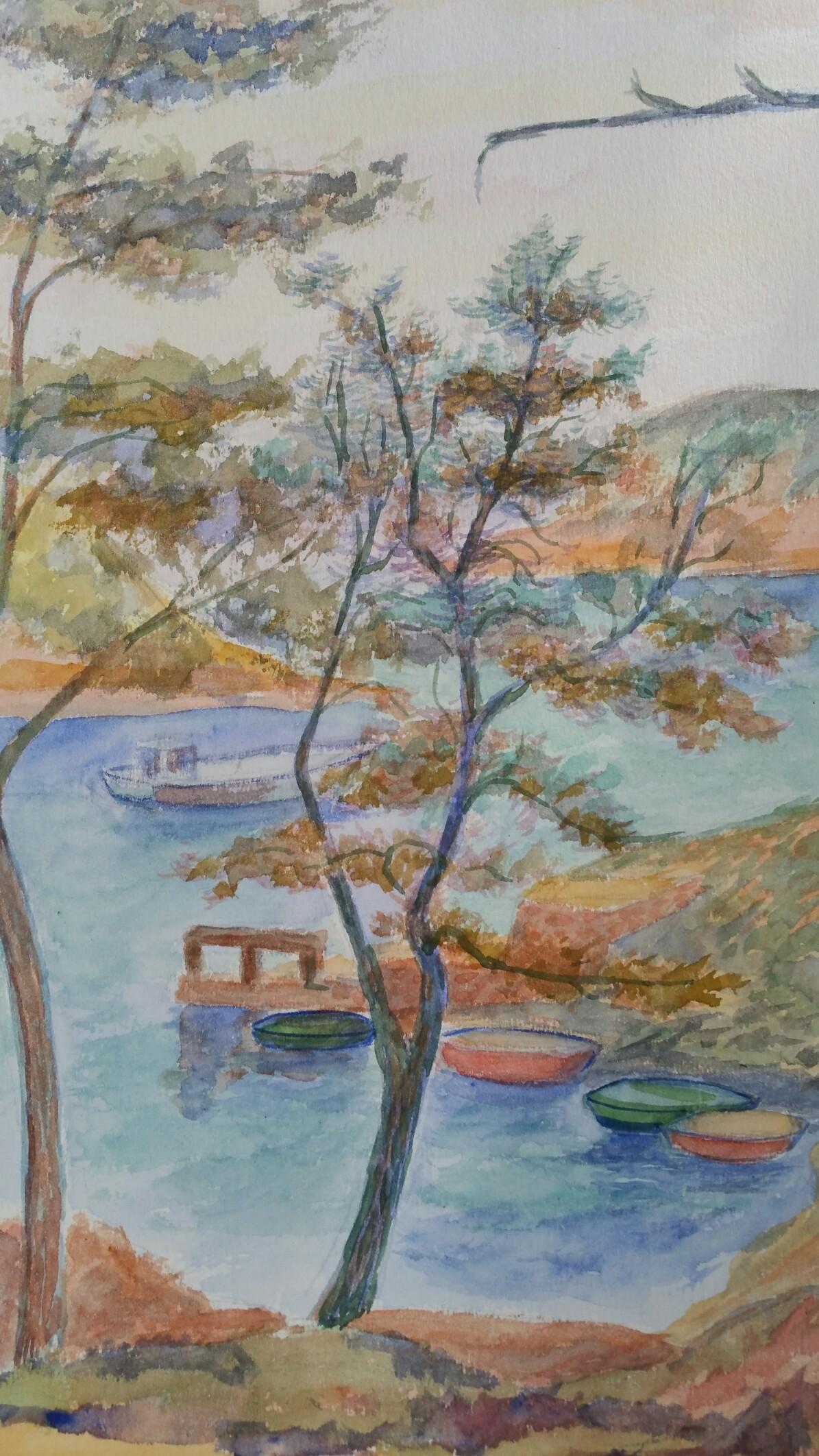 Louis Bellon Landscape Art - Provence Boats Landscape Post-Impressionist Signed 1940's Painting