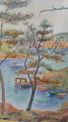 Provence Boats Landscape Post-Impressionist Signed 1940's Painting
