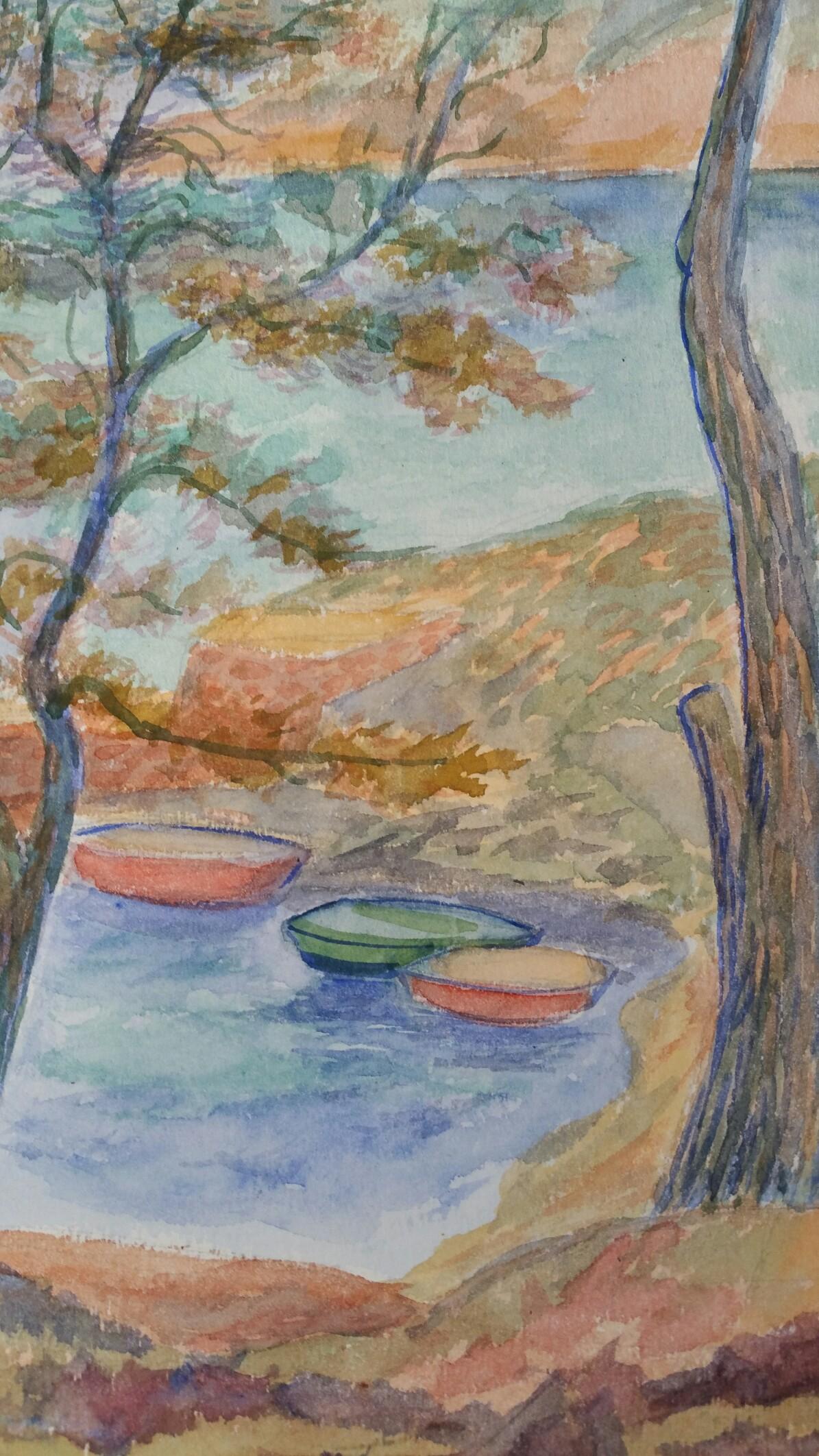 Paesaggio di barche in Provenza Pittura post-impressionista firmata del 1940 in vendita 2