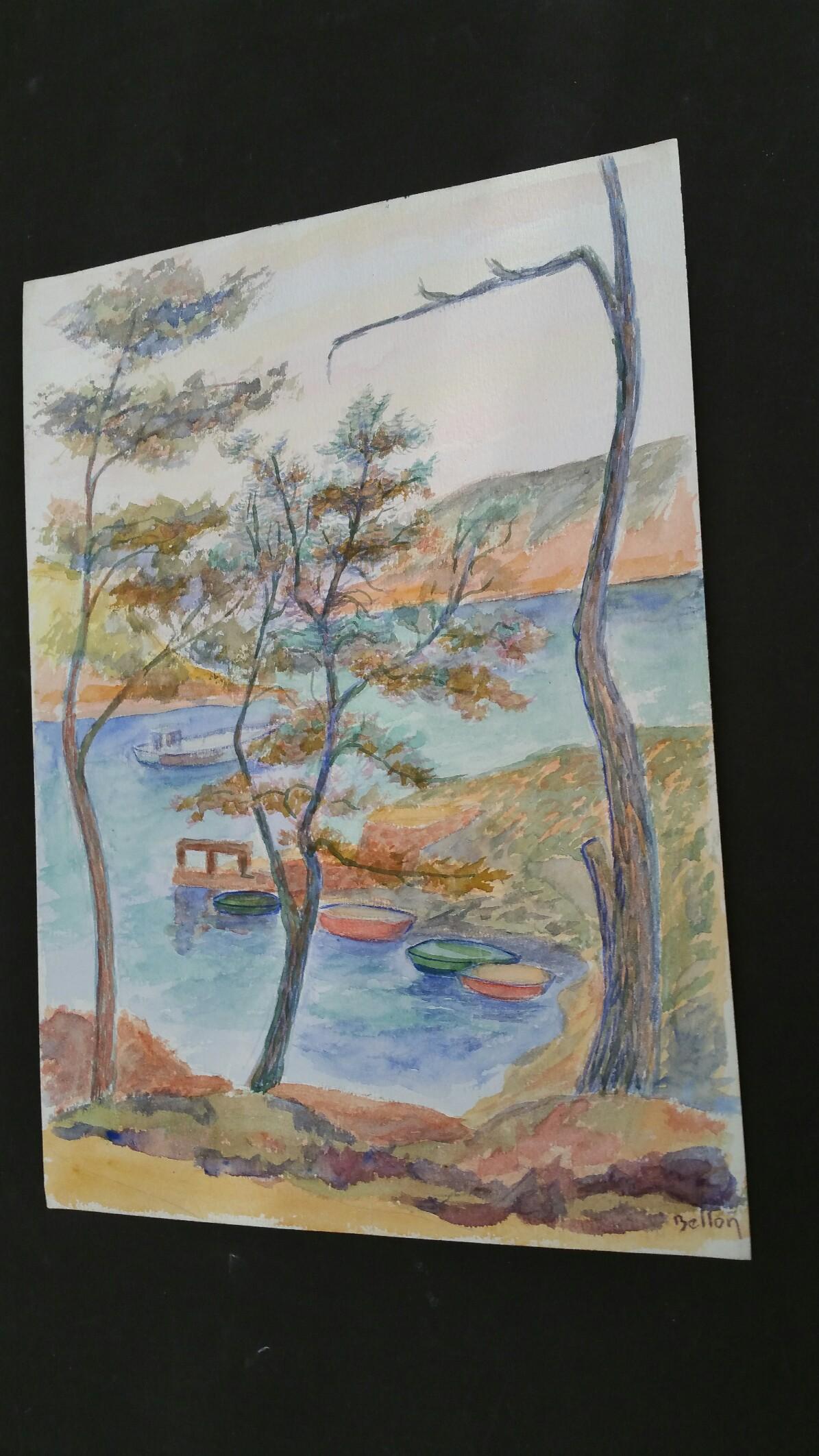 Paesaggio di barche in Provenza Pittura post-impressionista firmata del 1940 in vendita 4