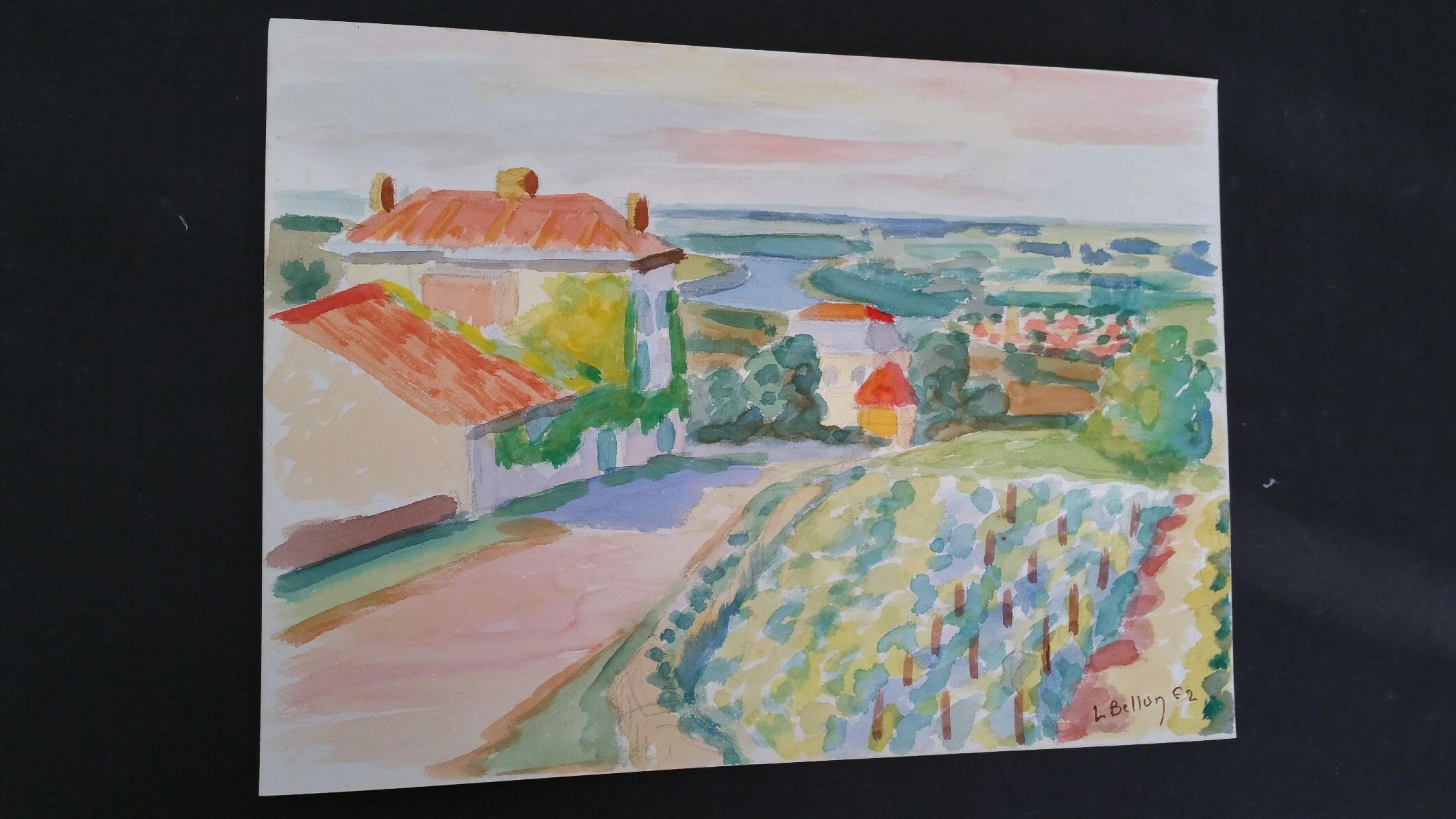Peinture post-impressionniste de paysage de Vineyard Village en Provence signée en 1962 - Art de Louis Bellon
