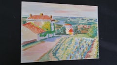 Provence Vineyard Village Landscape Pittura post-impressionista firmata del 1962