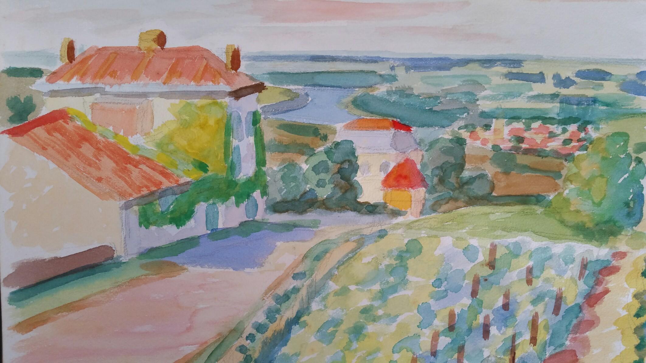 Landscape Art Louis Bellon - Peinture post-impressionniste de paysage de Vineyard Village en Provence signée en 1962