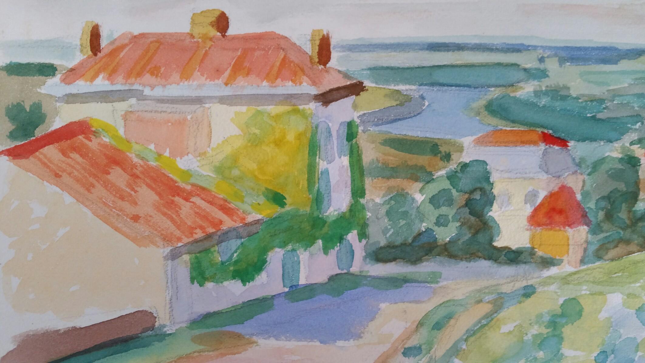 Provence Landscape, Panoramic View of a Riverside Vineyard Village
by Louis Bellon (French 1908-1998)
Signed lower right, dated 62 (1962)
watercolour painting on paper, unframed
measurements: 9.5 x 13 inches

provenance: private collection of the