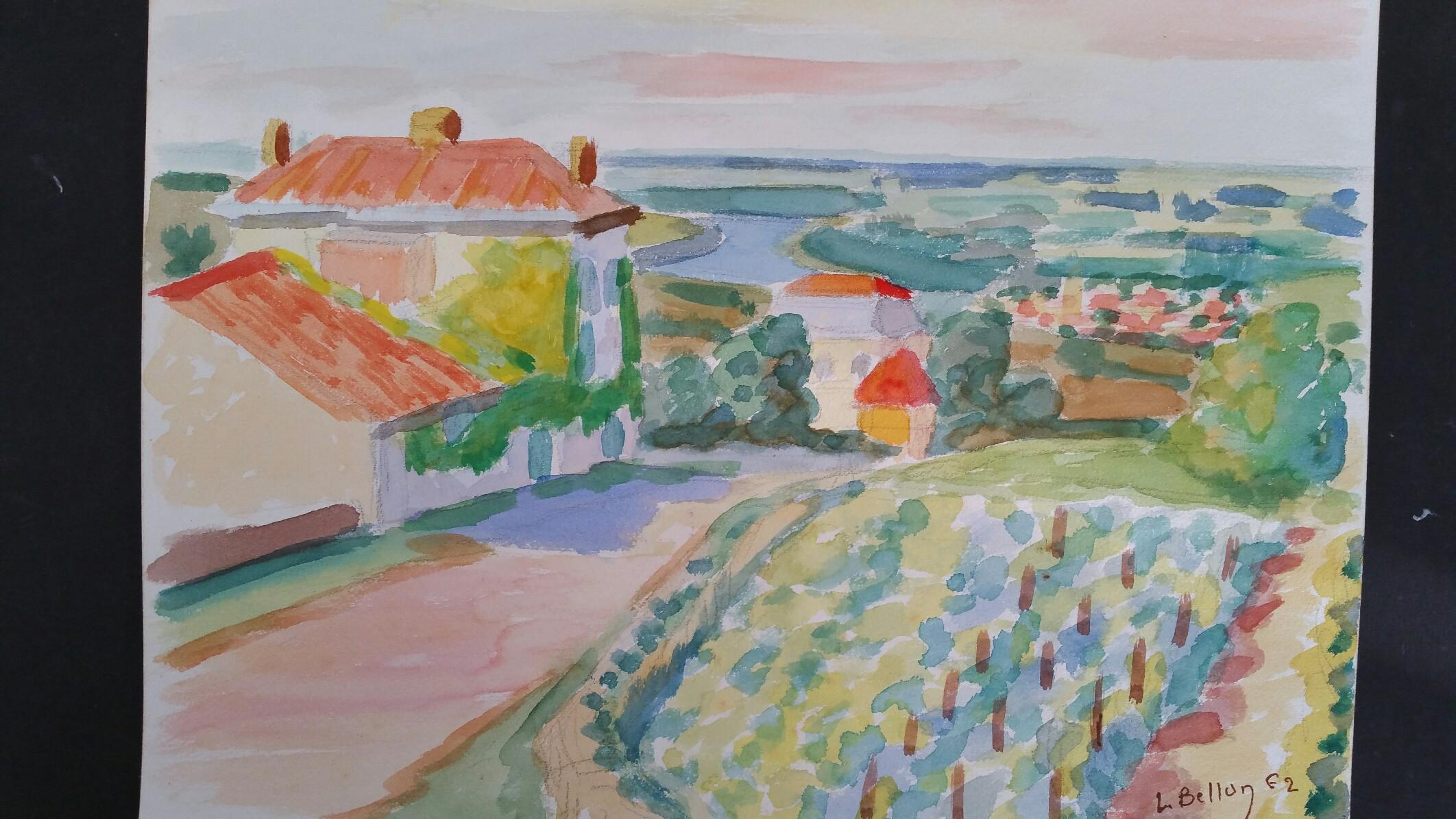Peinture post-impressionniste de paysage de Vineyard Village en Provence signée en 1962 - Gris Landscape Art par Louis Bellon