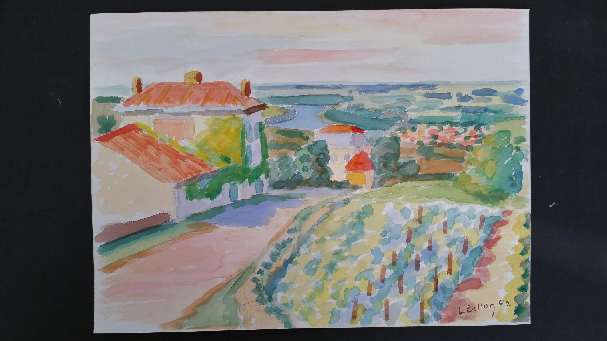 Peinture post-impressionniste de paysage de Vineyard Village en Provence signée en 1962 - Post-impressionnisme Art par Louis Bellon