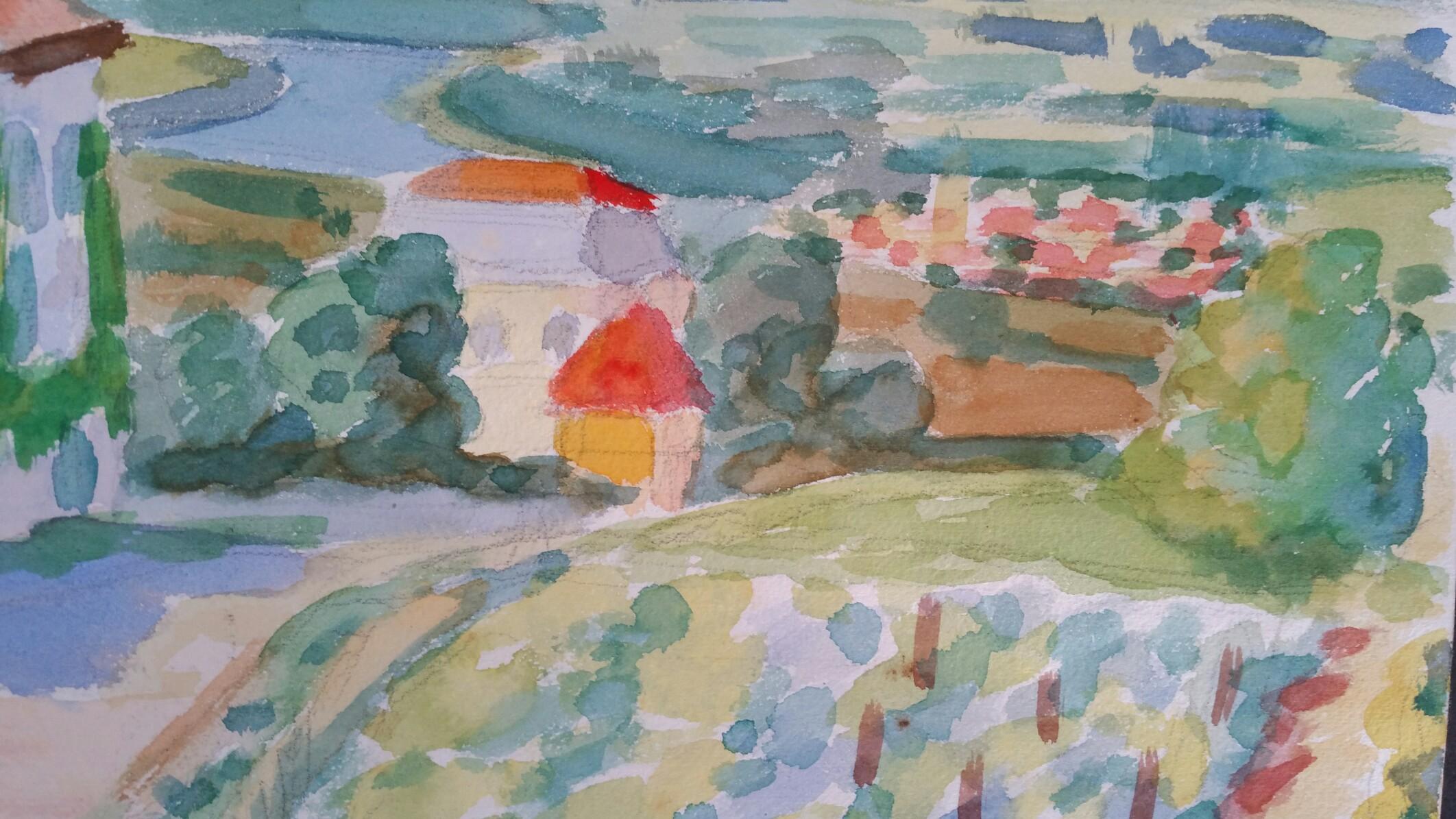 Peinture post-impressionniste de paysage de Vineyard Village en Provence signée en 1962 en vente 1