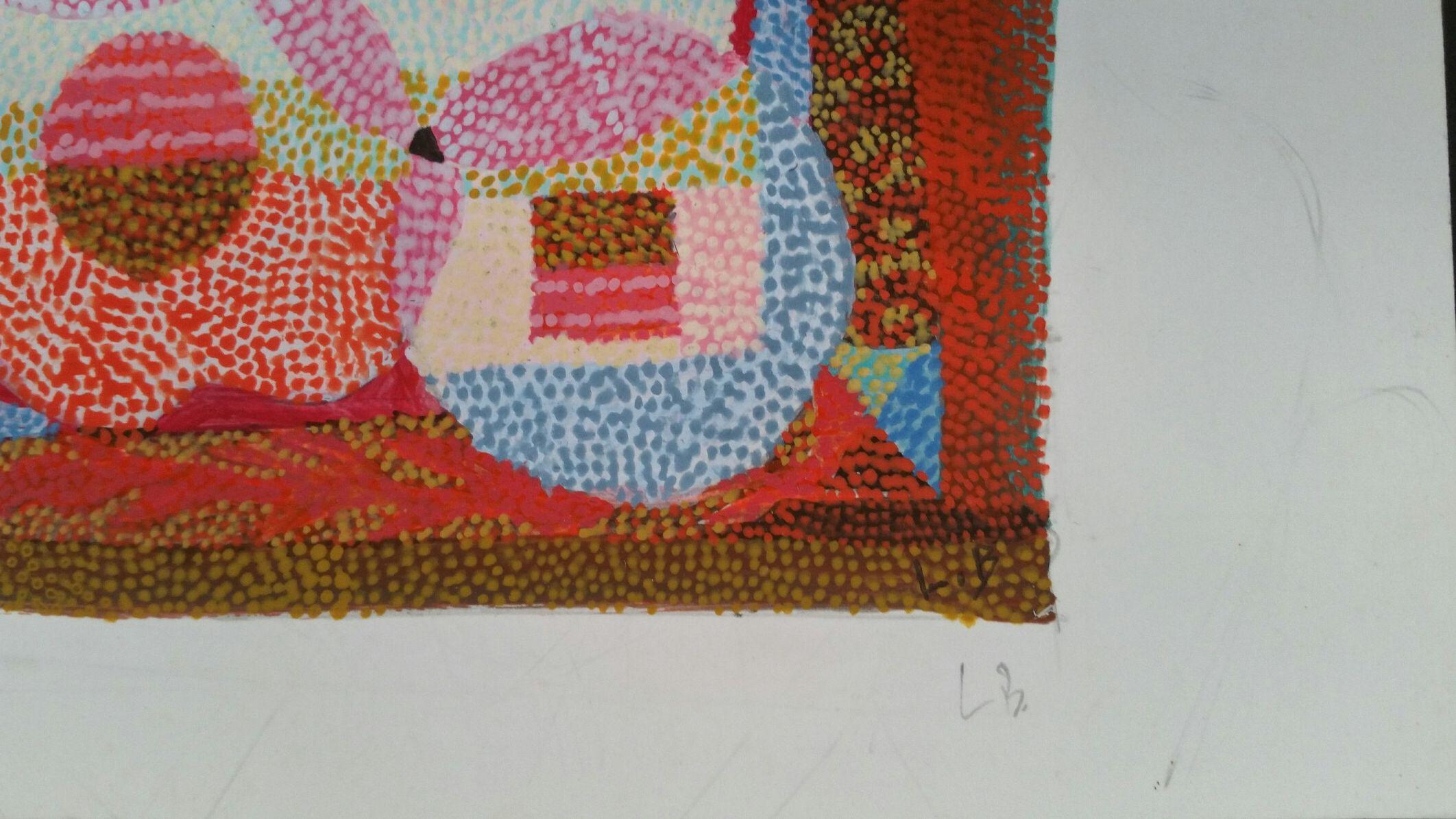 Dessin abstrait pointilliste
par Louis Bellon (français 1908-1998)
paraphé en bas à droite dans l'image et de nouveau dans la marge
peinture à la gouache sur papier, non encadrée
croquis inachevé au verso
mesures : 4.4 x 5.6 pouces (en tout, la