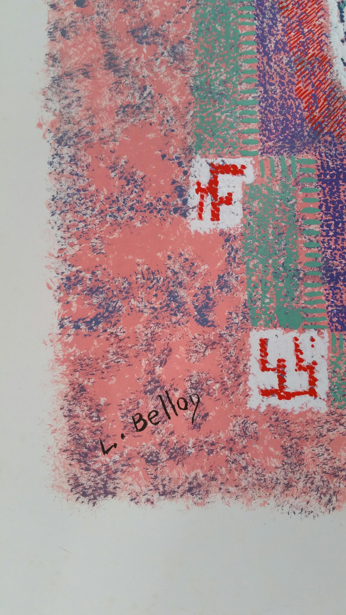 Quadro neoimpressionista francese astratto puntinista della metà del XX secolo firmato - Abstract Drawing Rosso di Louis Bellon