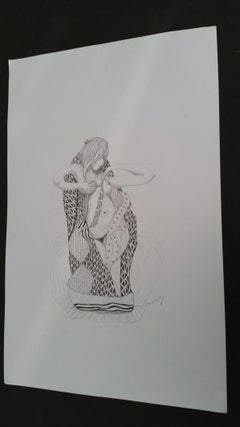 French Abstract Figure Mid 20th Century Signed Graphite and Watercolour