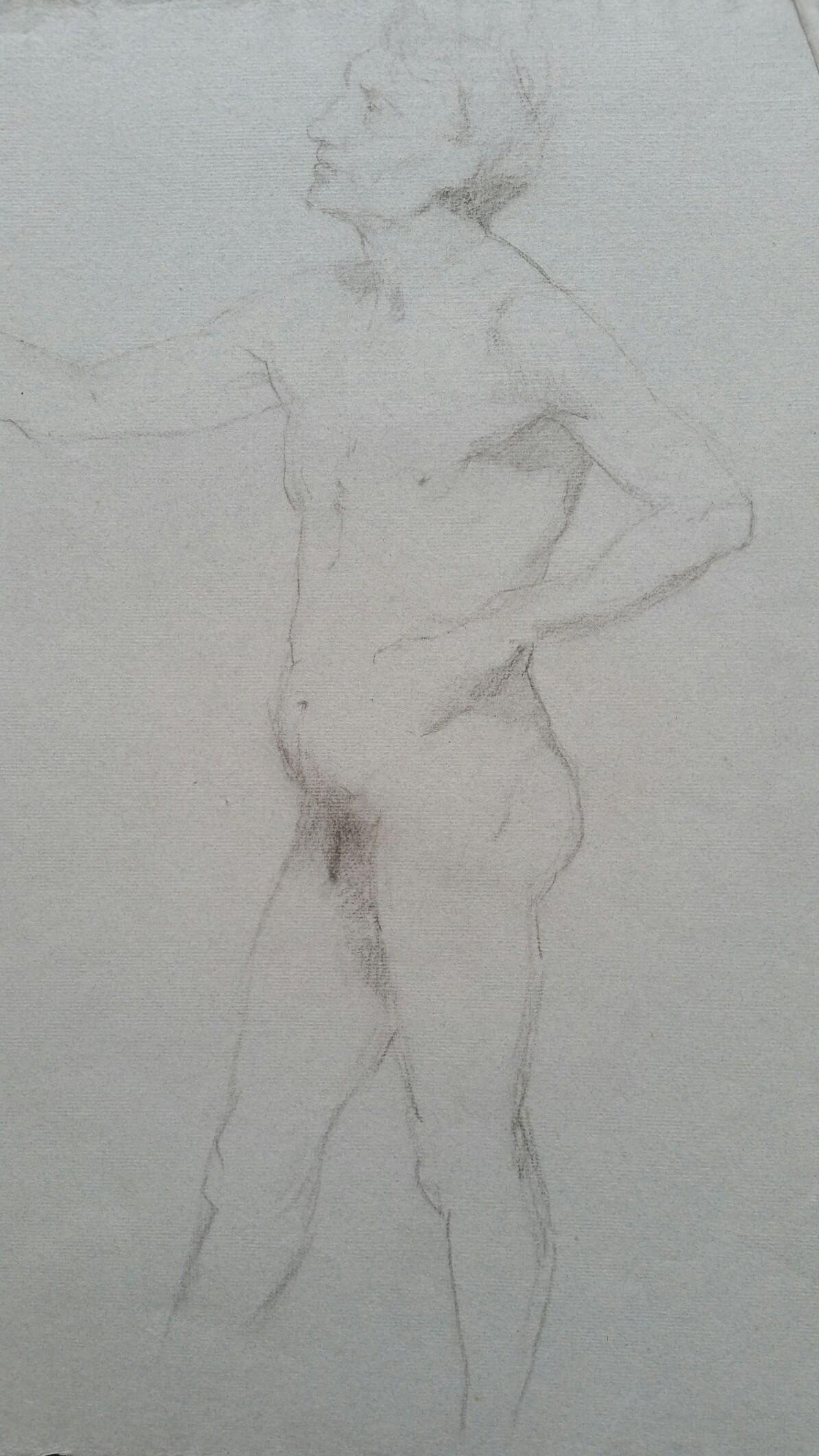 English Graphite Portrait Sketch of Male Nude, in Profile