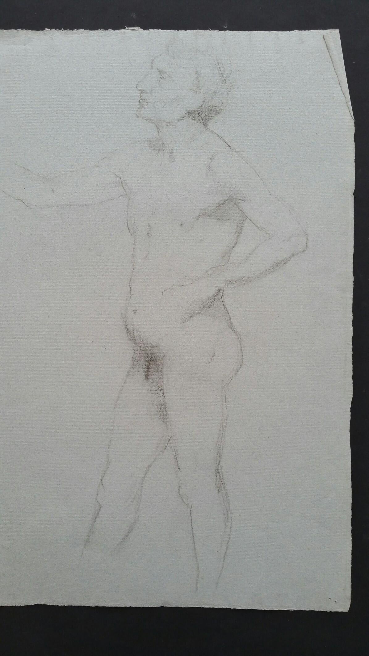 English Graphite Portrait Sketch of Male Nude, in Profile For Sale 1