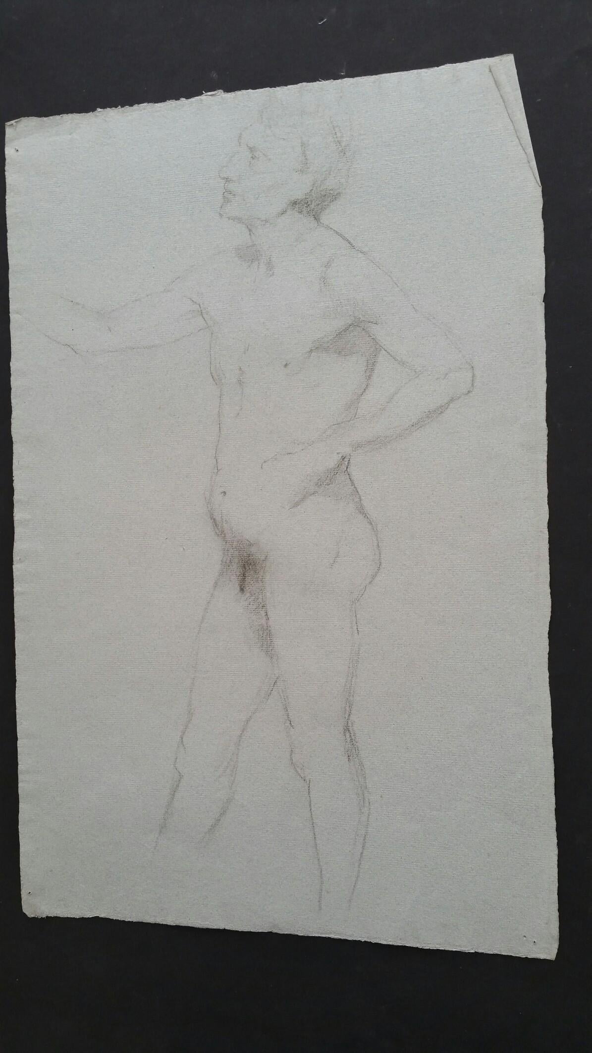 English Graphite Portrait Sketch of Male Nude, in Profile For Sale 2