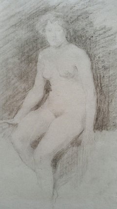 English Graphite Portrait Sketch of Female Nude, Seated