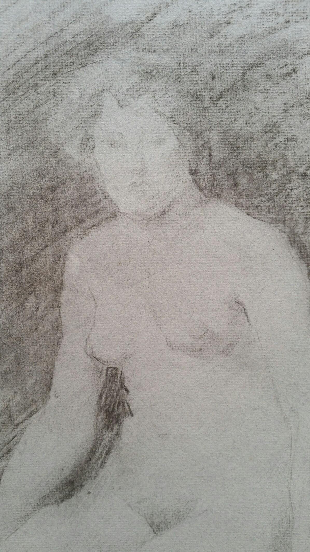English Graphite Sketch of a Female Nude, Seated
by Henry George Moon (British 1857-1905)
on pale grey artists paper, unframed
measurements: sheet 18.75 x 10.25 inches (width measured at narrowest point of sheet)

provenance: from the artists