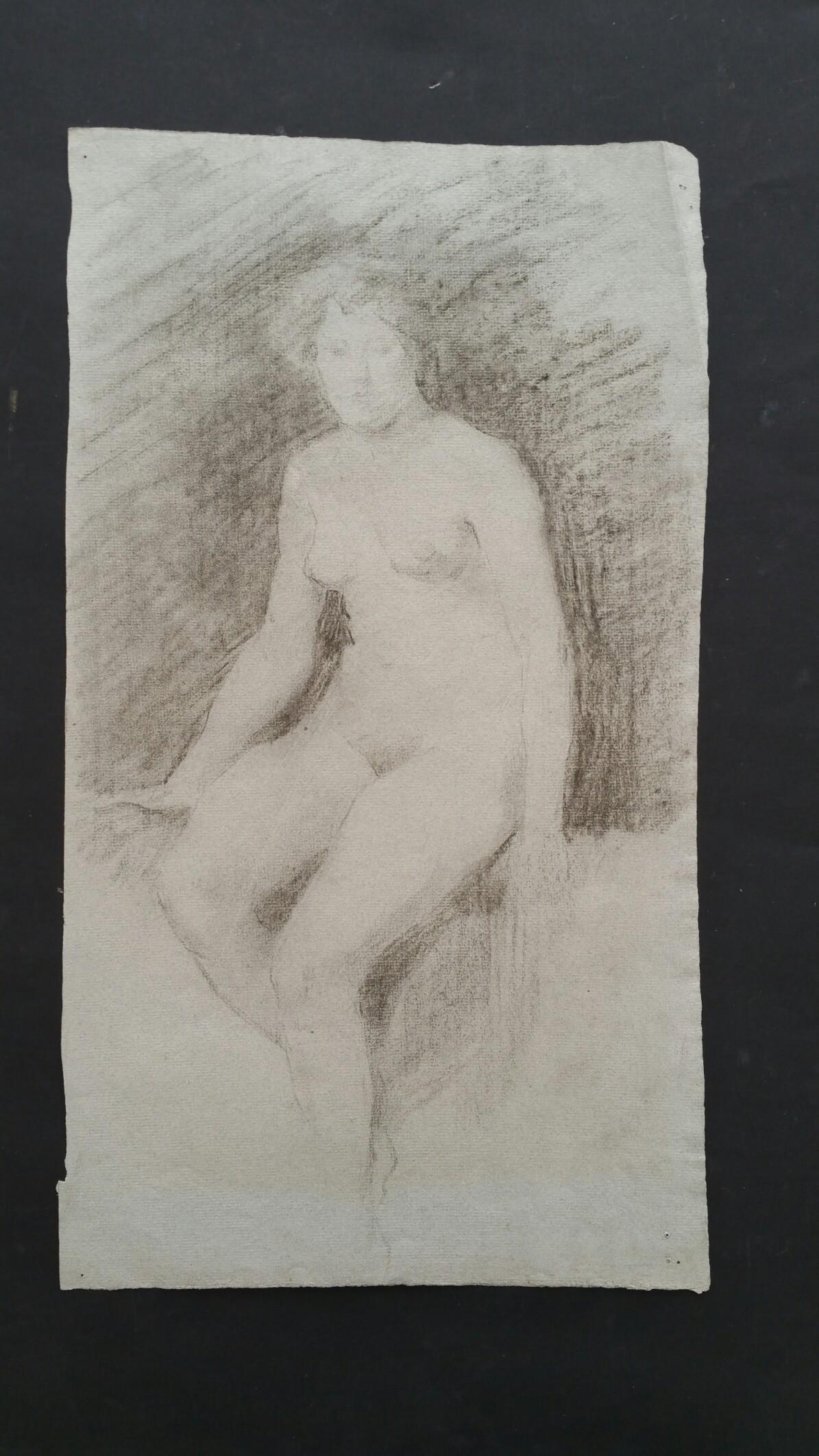 English Graphite Portrait Sketch of Female Nude, Seated For Sale 6