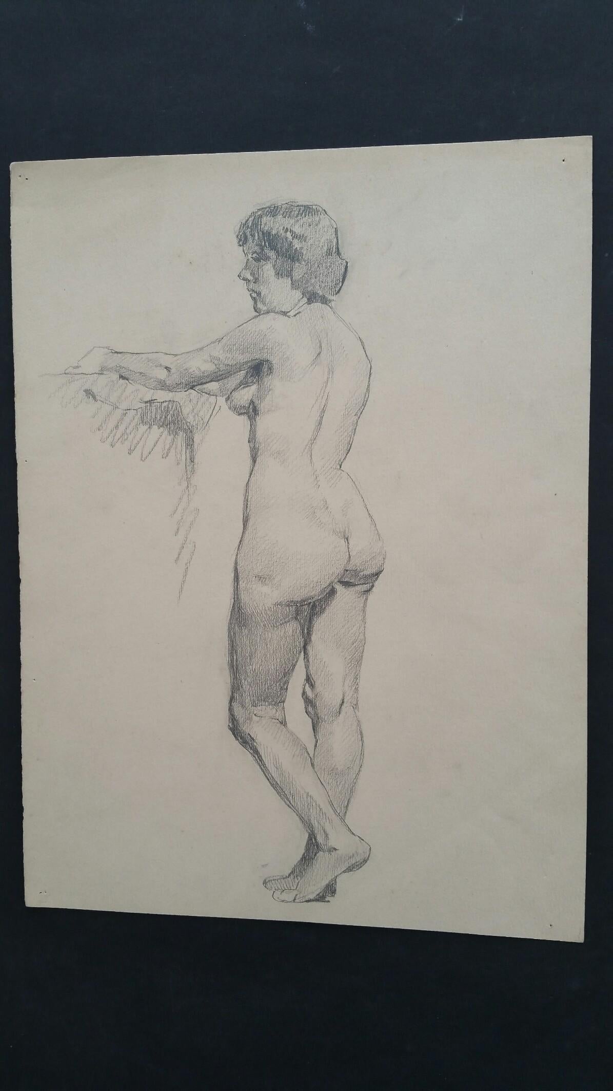 English Graphite Portrait Sketch of Female Nude, Standing For Sale 2