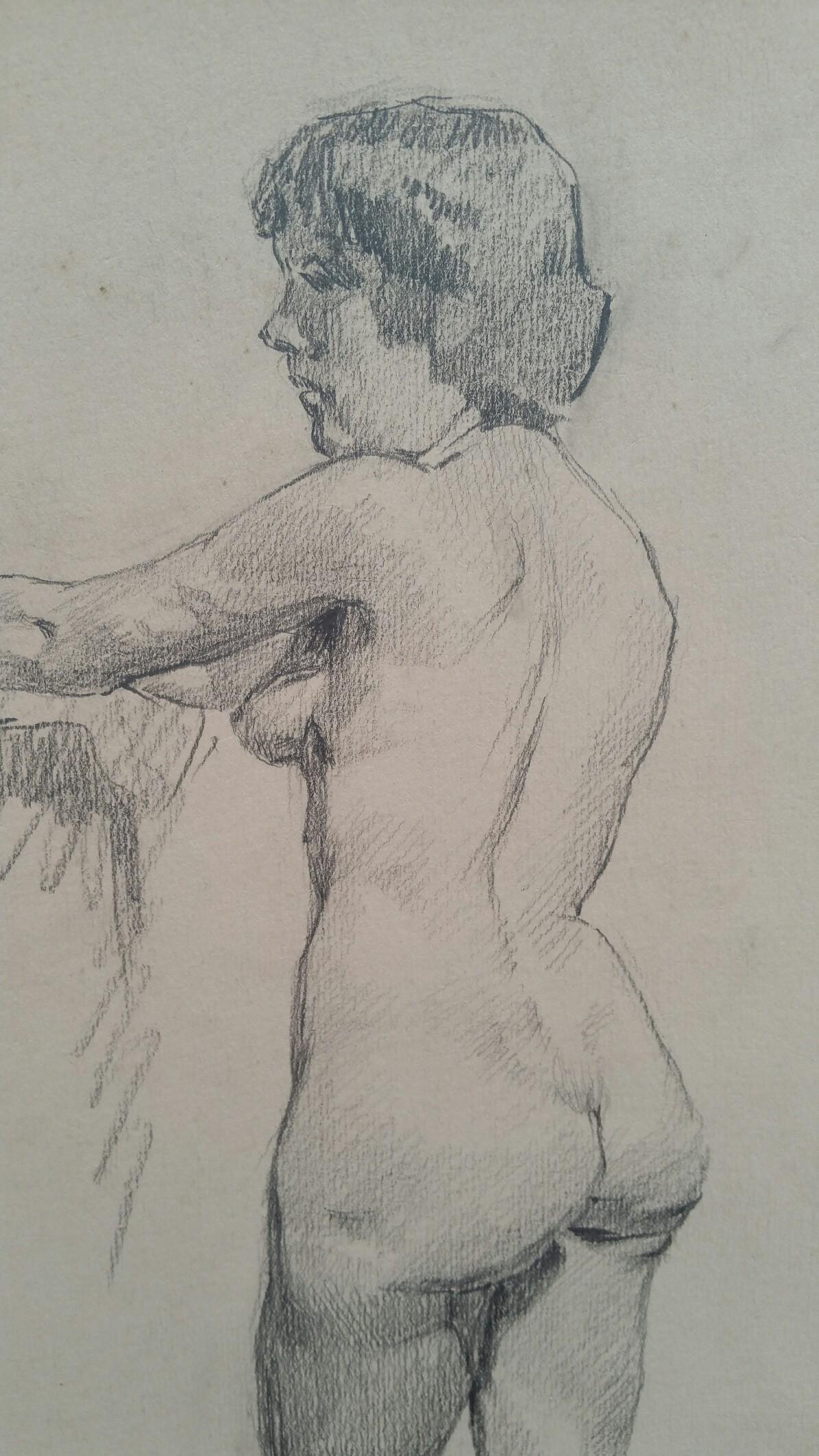 Croquis de portrait en graphite anglais d'une femme nue debout en vente 2