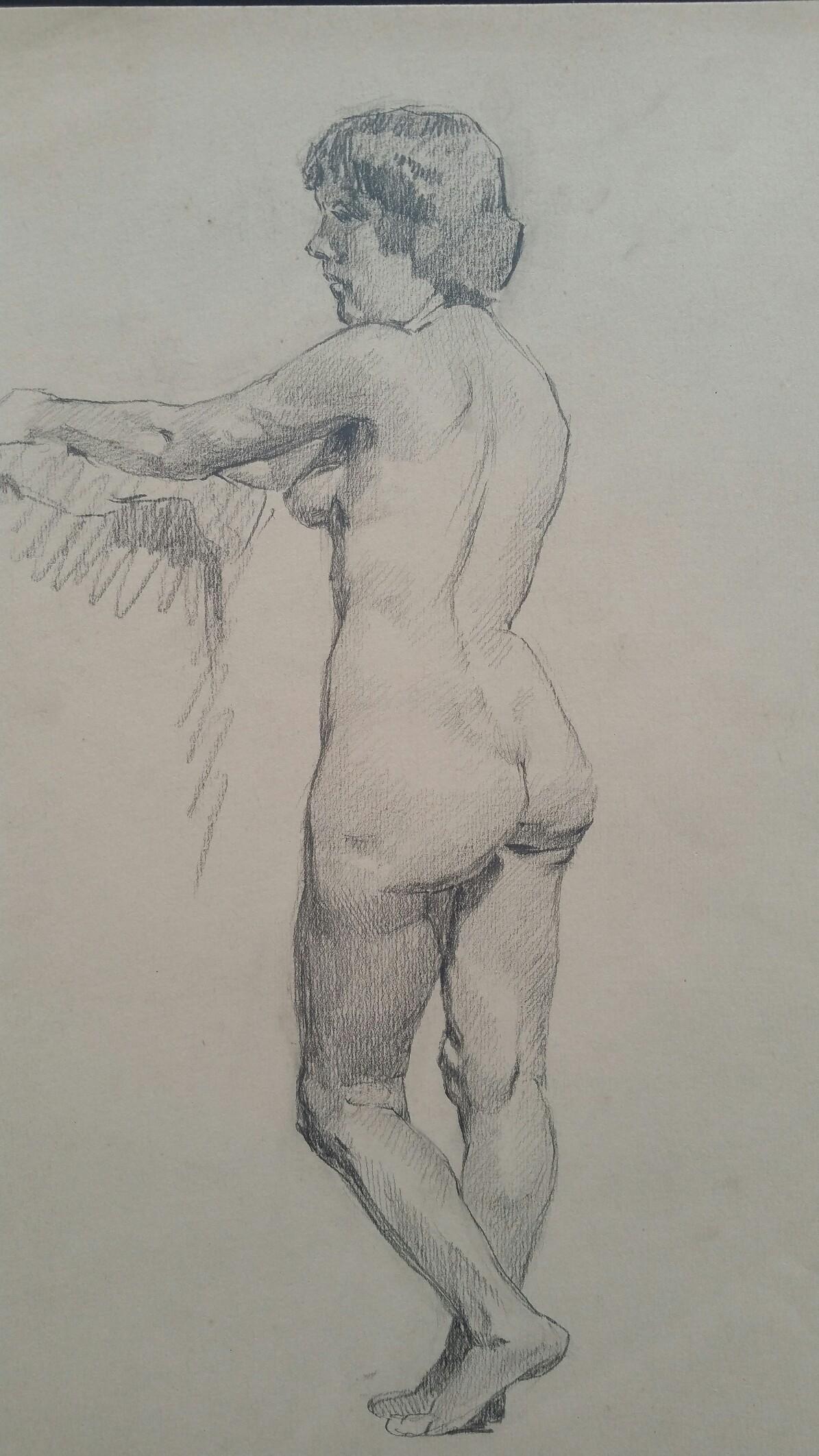 English Graphite Portrait Sketch of Female Nude, Standing - Art by Henry George Moon