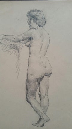 English Graphite Portrait Sketch of Female Nude, Standing